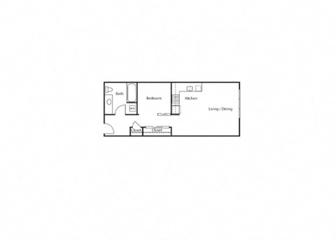 Floor plan for 1 bed, 1 bath, 629 sqft